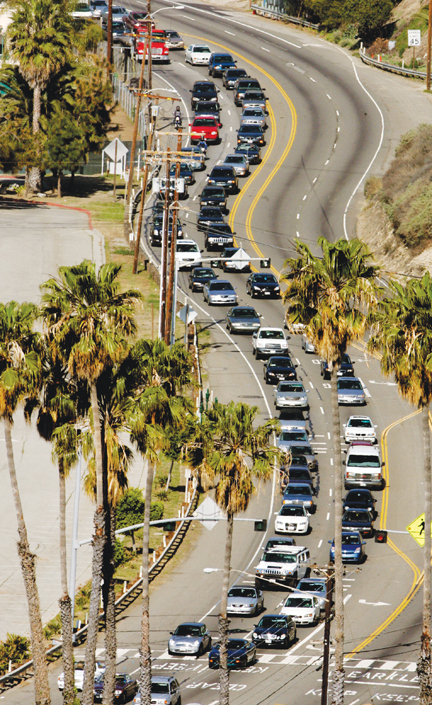 Looking south, this photograph shows where Caltrans materials are stored along Pacific Coast Highway, below Castellammare. Photo: Stuart Muller