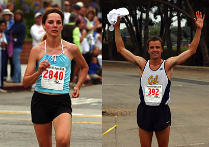 Left: Kara Barnard blazes towards the finish line on the way to her third and fastest victory in the 10K. Right: Peter Gilmore is still the man to beat in his hometown race. He dedicated his seventh 5K victory to friends Mariel and John Holcomb.