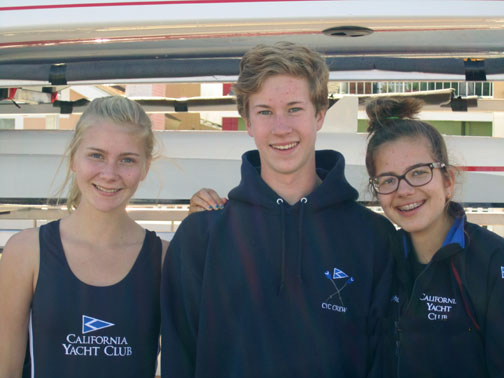 California Yacht Club rowers Martine Johannessen, Oliver Carlson and Sophia Berman take a breather following a regatta in February.