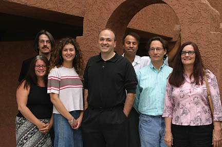 Renaissance Academy founding director Paul McGlothlin (center) with (left to right) teachers Susan Caggiano (9th grade English), John Kannofsky (visual arts and technology), Cybele Smith (9th grade math), Tracy Vale (office manager), Alex Cutler (11th grade American history/cinema studies) and Natasha Bauman (10th grade English).