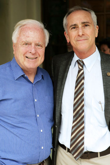 Former L.A. Mayor Richard Riordan (left) congratulates Pulitzer Prize-winning author A. Scott Berg for receiving PaliHi's Gilbert Award. Riordan hosted the Pali Spirit Award dinner at his Brentwood home on Sunday.