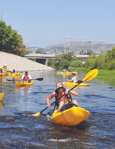In 2008, in order to prove to the U.S. Army Corps of Engineers that the Los Angele River is navigable, a group of kayakers (including Palisadian Jeffrey Tipton) paddled near the Hyperion Bridge, located near Silver Lake. Photo: Tom Andrews