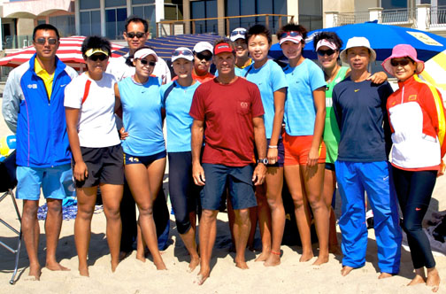 Palisadian volleyball coach Dane Selznick (middle) with the Chinese national team in Playa del Rey in May.