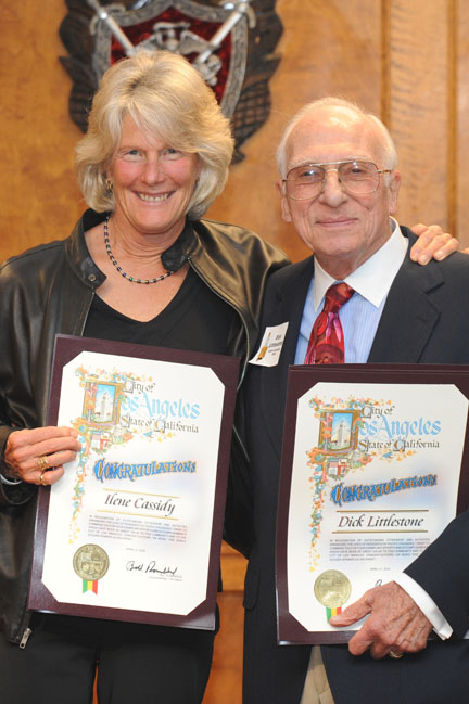Sparkplug winners Ilene Cassidy and Dick Littlestone display commendations they received from City Councilman Bill Rosendahl for launching projects to benefit the community.