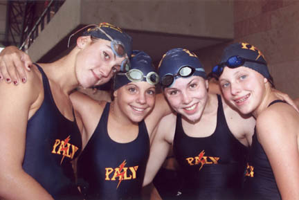 From left to right: 13 and 14 year-olds Alexandra Edel, Kimberly Tartavull, Lizzie Ebert and Adelaide Seaman, who scored numerous points to help Paly secure a second place finish.   Photo: Karen Kornreich