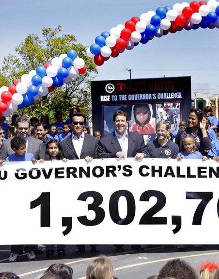 Chairman of the Council on Physical Fitness Jake Steinfeld, next to Governor Arnold Schwarzenegger, says that over 1.3 million California students have taken the fitness challenge.