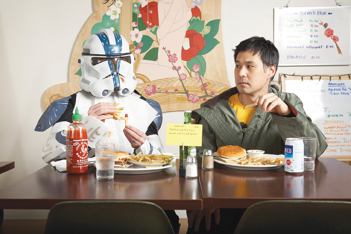 Nakamura and a guest enjoy a meal at his restaurant, gr/eats, on Sawtelle.