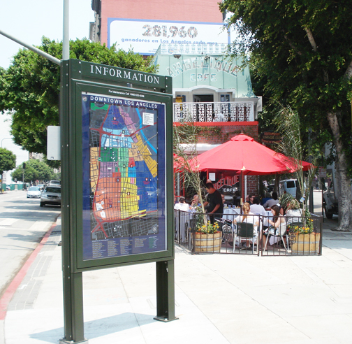 L.A. City officials and CBS/Decaux have proposed placing public-amenity kiosks (PAKs) in Pacific Palisades as part of a 20-year contract. PAKs are freestanding three-sided or two-sided structures, which have one or two advertising panels and a panel for a local vicinity map, community poster or public-service announcement. This PAK is located on Spring Street in downtown Los Angeles.  Photo: Courtesy CBS/Decaux