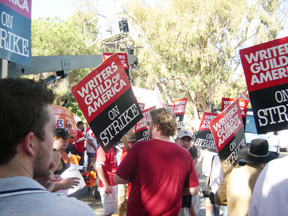 Members of the Writers Guild walk the picket line at the Eddie Murphy movie, 