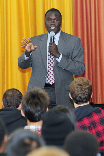 Alephonsion Deng, one of the Lost Boys of Sudan, spoke about his life in two talks at Palisades High on April 13, sponsored by the Human Rights Watch Student Task Force. Rich Schmitt/Staff Photographer