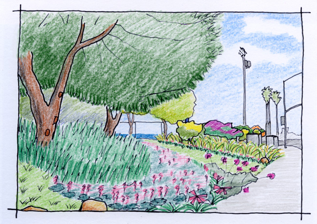 This rendering shows the corner of Pacific Coast Highway and Temescal Canyon Road after the beautification project is completed. Sketch: David Card.
