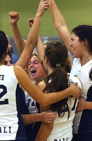 Palisades High teammates celebrate after the final point of Saturday's City volleyball finals at Roybal Learning Center in Los Angeles.