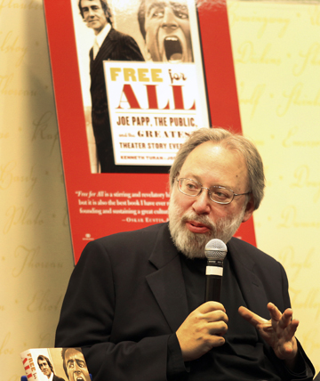 Kenneth Turan in October, speaking at the Barnes & Noble panel in New York for the launch of his book. Panel members included Bernard Gersten, executive producer at Lincoln Center, Gail Merrifield Papp, and Oskar Eustis, artistic director of the Public Theater in New York. Photo: Patricia Williams