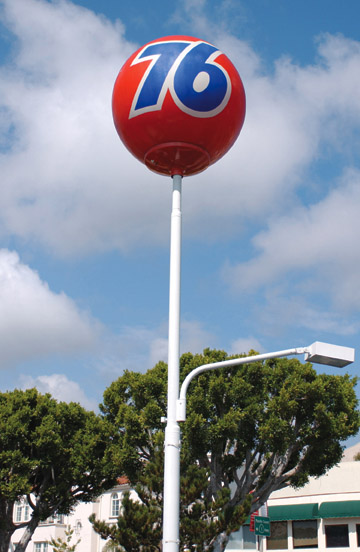The iconic Union 76 logo at Frank Jakel's service station on Sunset will be removed by its coporate owner, ConocoPhillips, in December. Jakel hopes the orange ball can find a home at the Flight Path Museum near LAX.