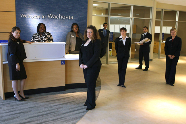 Employees at the new Wachovia Financial Center on Sunset are ready to greet customers and visitors when the bank opens today.