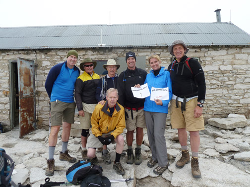 Clockwise from left: Adam Keefe, Dennis Kristan, Mike Gallagher, Jimmy Klein, Kristin Klein Keefe, Bob Klein and Lynn Borland at the summit of Mount Whitney.