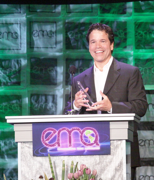 Producer Michael Wimer accepting an Environmental Media Assocation Award in Hollywood on October 25.