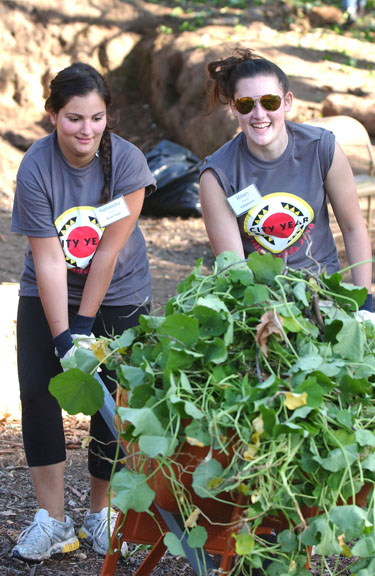 Samantha Zucker, who attends Kent State, and Hilary Primack, who attends the University of Delaware, haul off weeds at the Palisades-Malibu YMCA's Simon Meadow last Thursday.