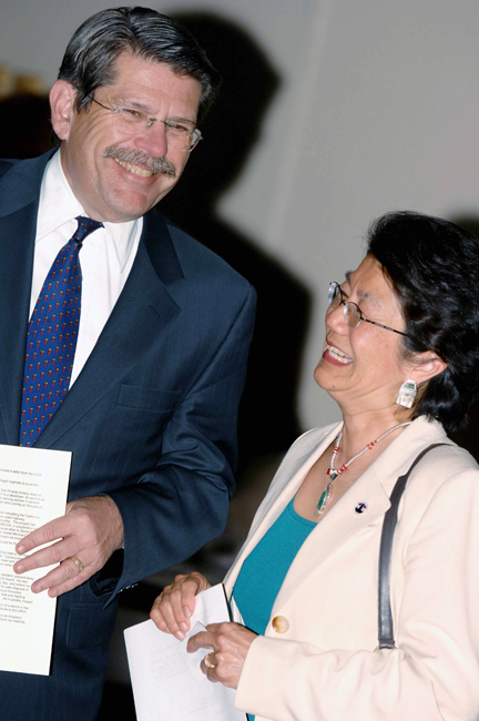 L.A. County Supervisor Zev Yaroslavsky stands with his Senior Field Deputy Flora Gil Krisiloff after his speech at the Santa Monica Canyon Civic Association's annual meeting last Tuesday.