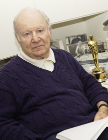 Film Editor Peter Zinner at his home office, with the Oscar he won for 